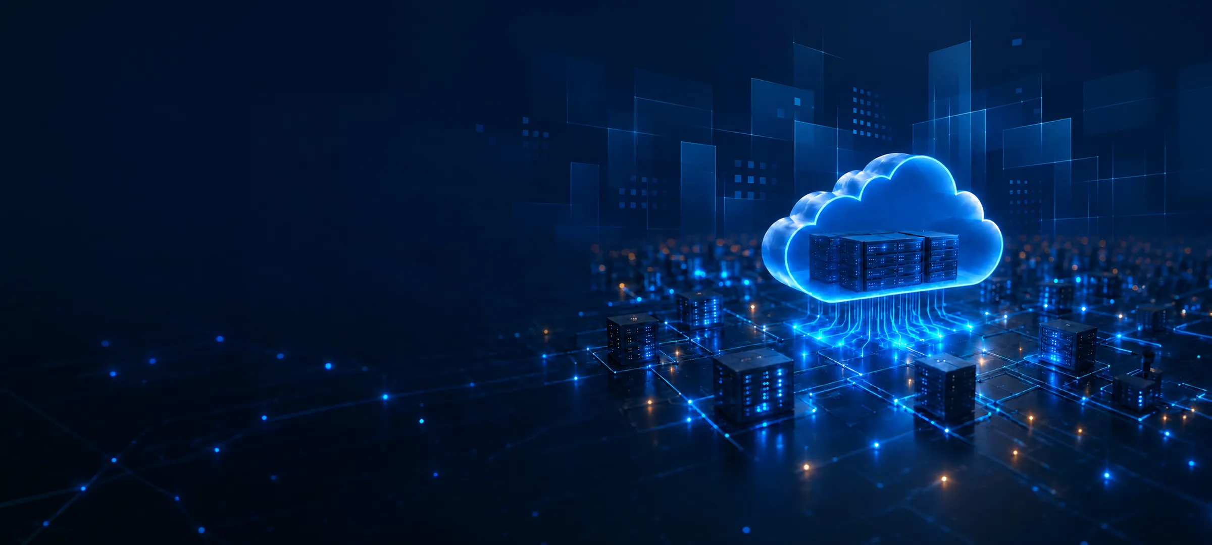 Glowing 3D cloud icon above a network of unified data servers across a city-like grid