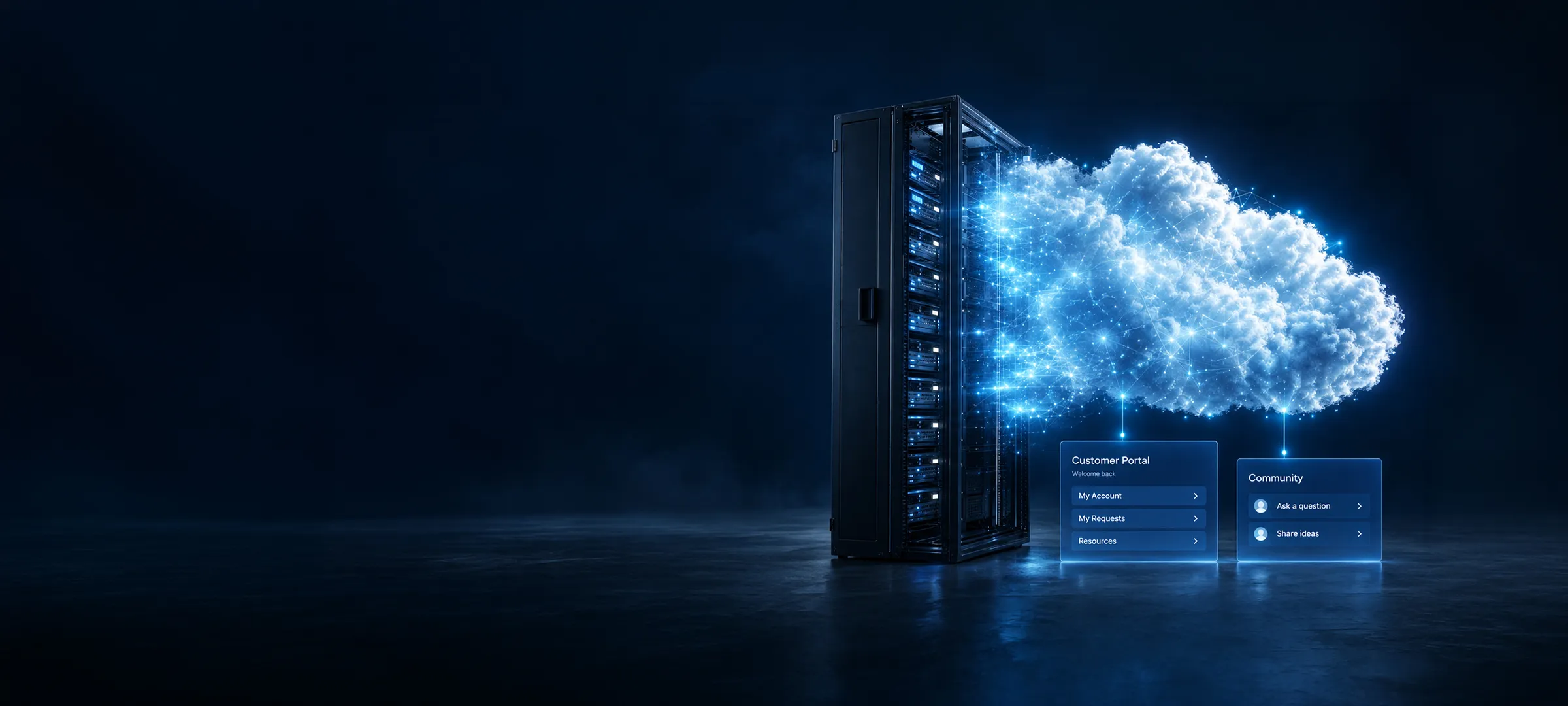 Server racks beside a glowing cloud icon connected to floating customer portal and community panels