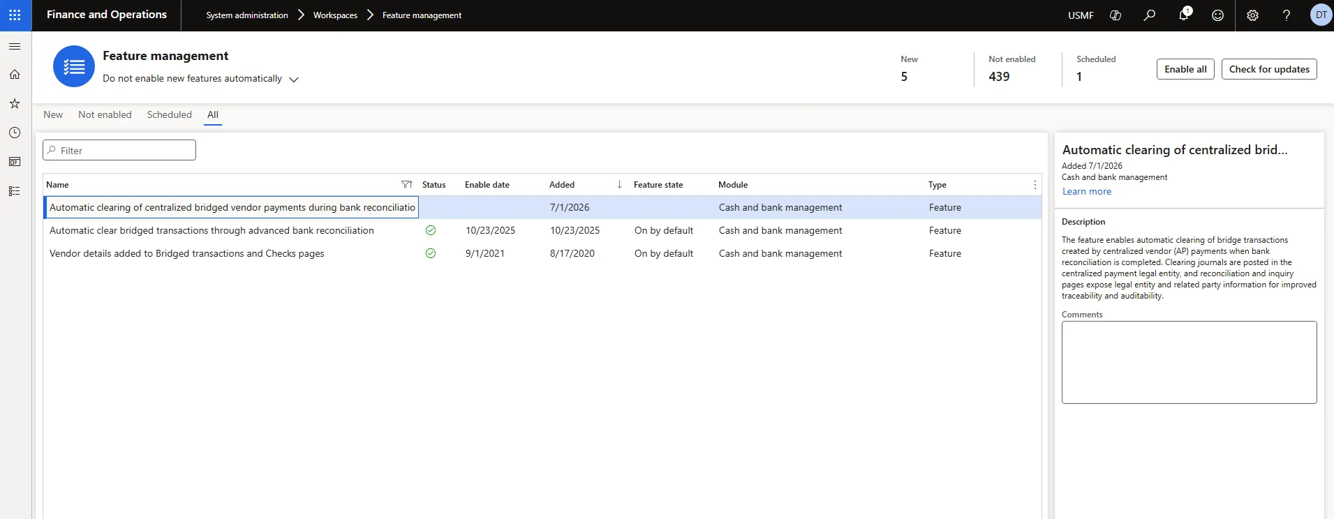 Dynamics 365 Feature management workspace filtered on “bridged”, with the automatic clearing of centralized bridged vendor payments feature selected and its description shown
