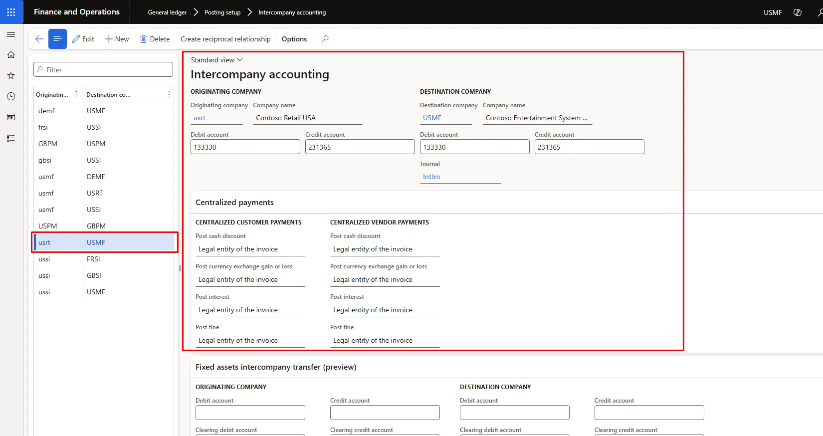 Intercompany accounting setup page for the USRT to USMF relationship, showing due-to and due-from accounts and the Centralized vendor payments section