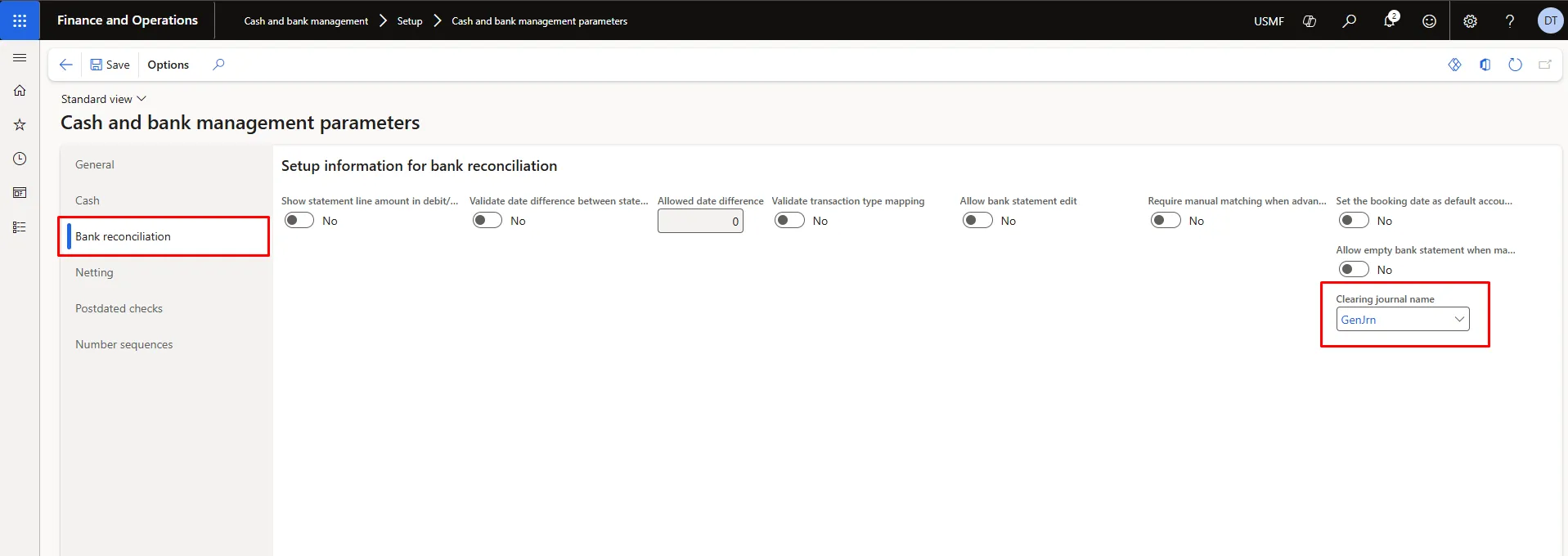 Cash and bank management parameters for USMF, Bank reconciliation tab, with the Clearing journal name field set to GenJrn