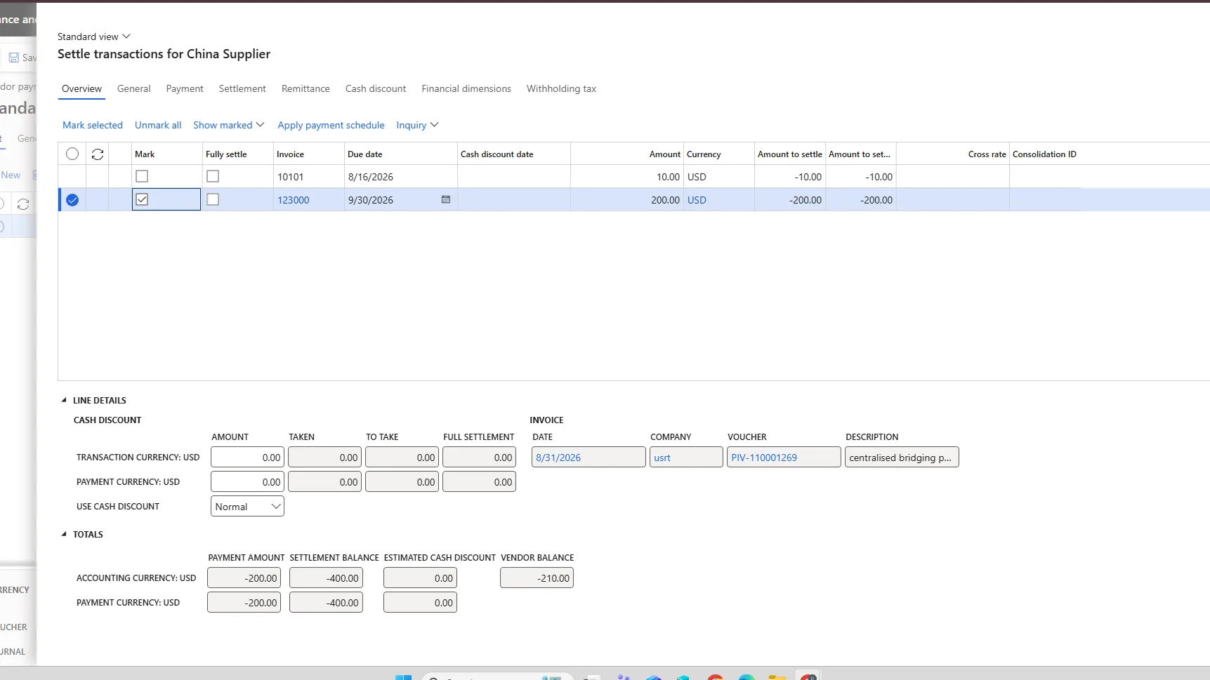 Settle transactions screen with the 200 dollar payment marked and fully settled against USRT invoice 123000