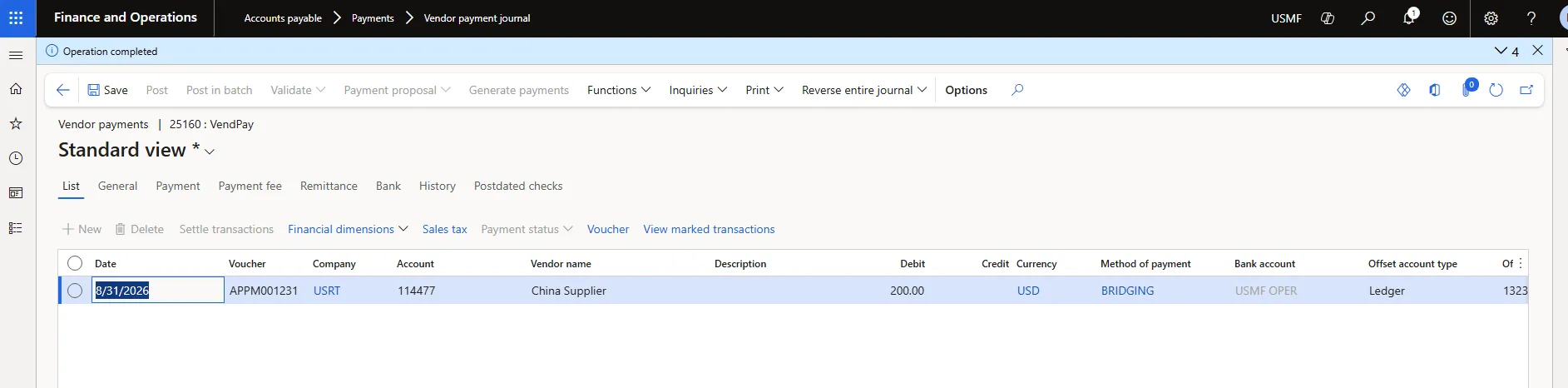 Vendor payment journal after posting, with the “Operation completed” confirmation message