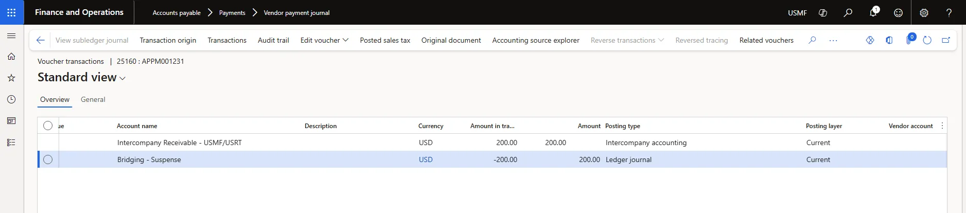 Voucher transactions for APPM001231, showing the Bridging - Suspense account 132310 credited and Intercompany Receivable debited 200 dollars