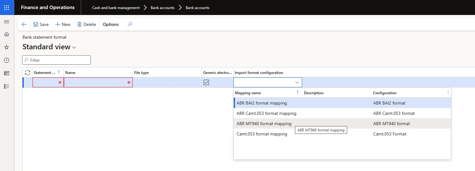 Bank statement format setup page with an MT940 format mapped to the ABR MT940 format mapping