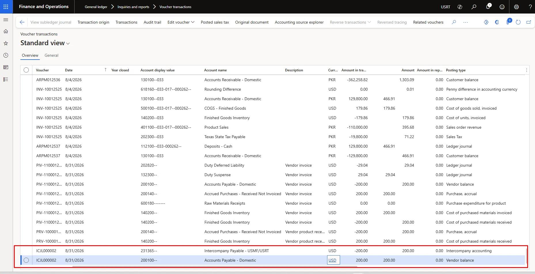 USRT voucher transactions for intercompany journal ICJL000002, with Accounts Payable debited and Intercompany Payable credited 200 dollars