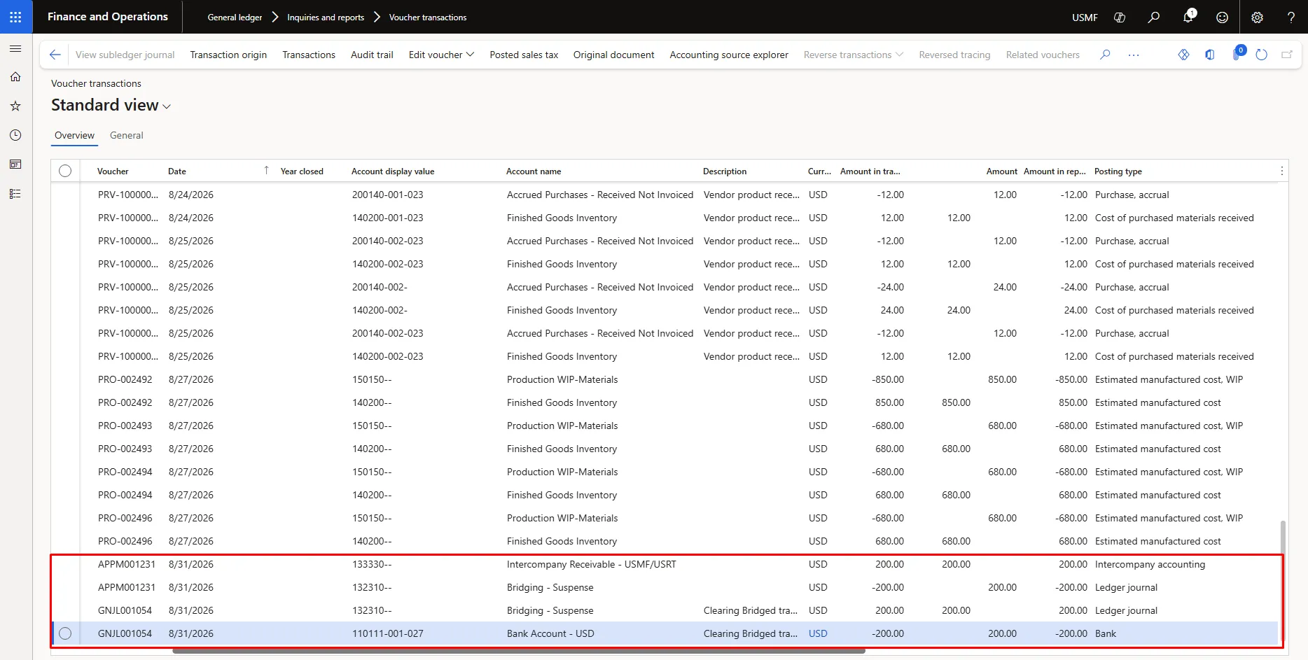 USMF voucher transactions for the auto-posted clearing journal GNJL001054, described as Clearing Bridged transaction, with Bridging - Suspense debited and Bank Account - USD credited 200 dollars