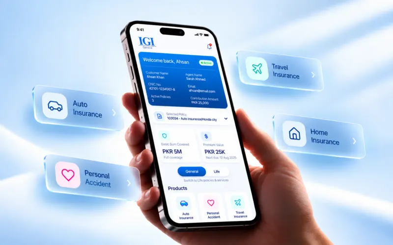 Hand holding a phone showing the IGI General app, surrounded by floating auto, travel, home and personal accident insurance cards