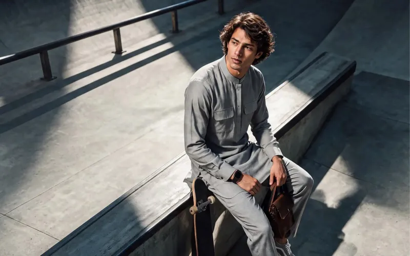 Man in a grey kurta sitting on a skatepark ledge with a skateboard and a brown leather bag