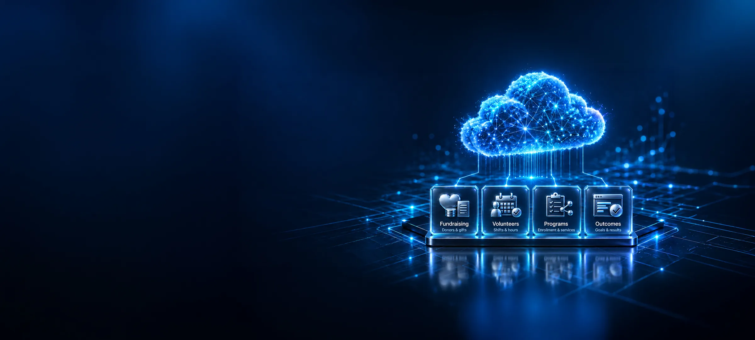 Glowing 3D cloud icon above floating panels for fundraising, volunteers, programs, and outcomes