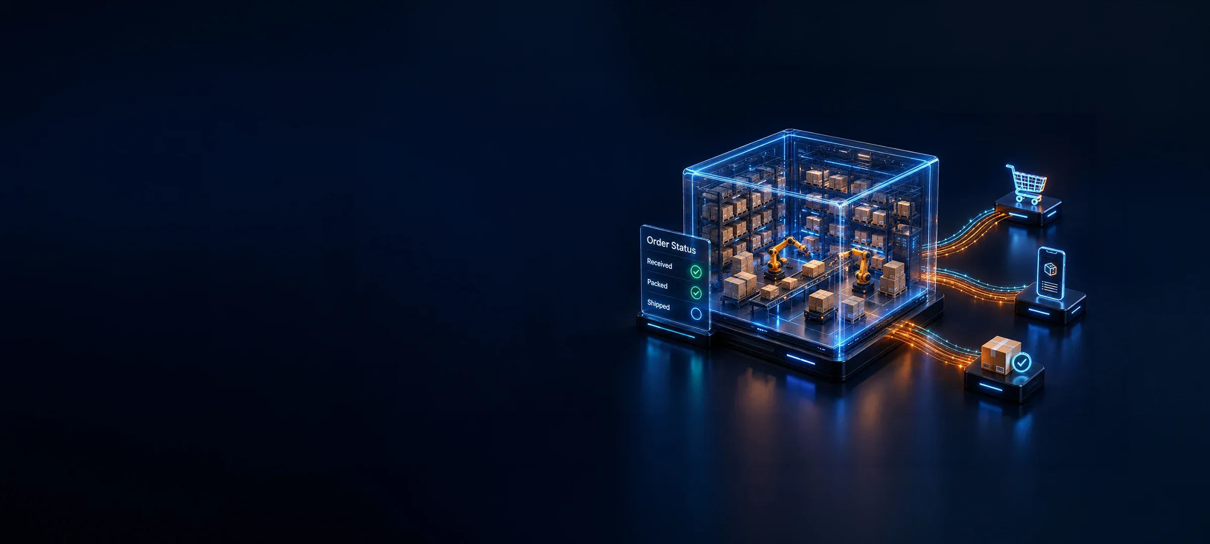 Abstract dark blue technology network representing connected order and fulfillment systems