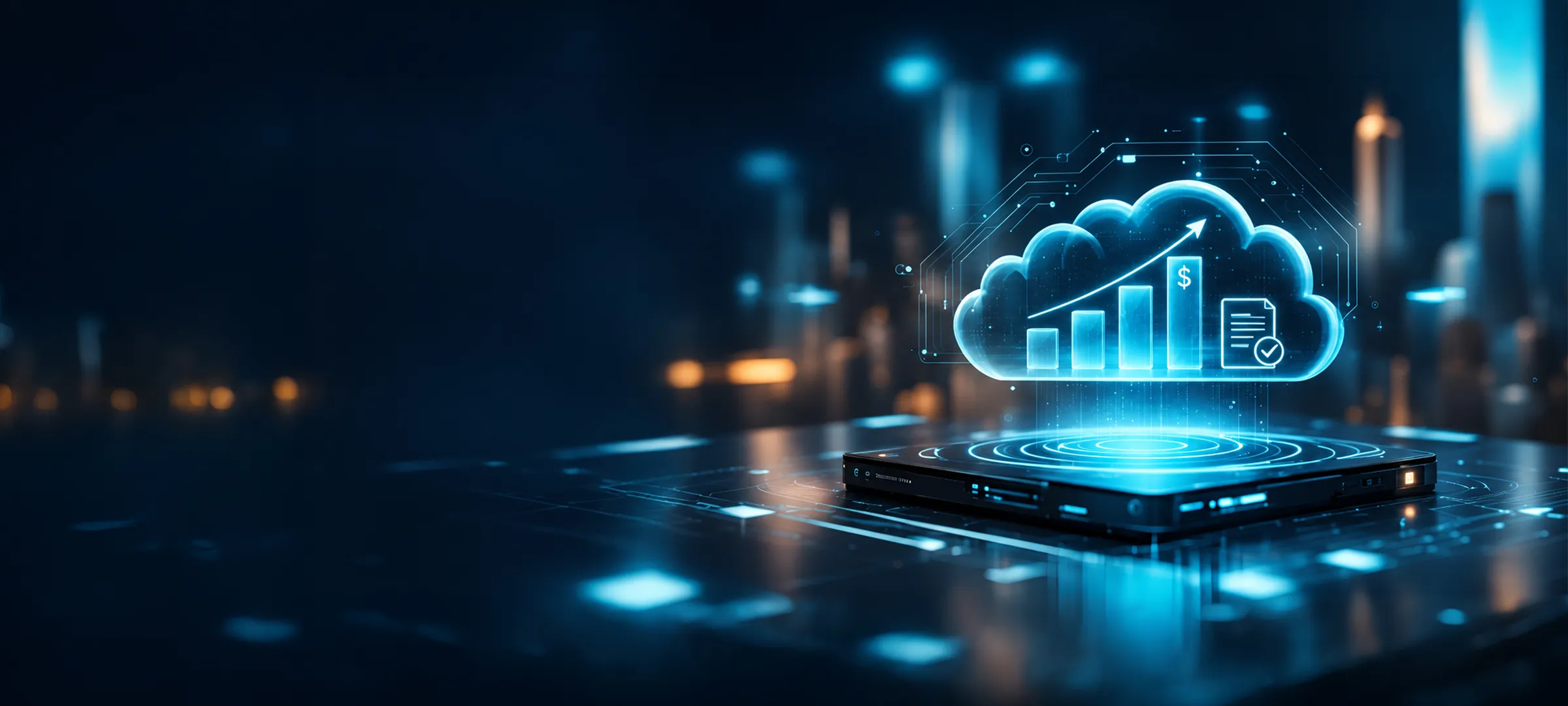 Glowing 3D cloud icon above a rising sales chart and digital dashboard, set against a city skyline at night