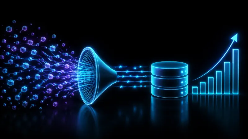 Digital illustration of scattered data particles funneling through a filter into an organized database, followed by a rising bar chart