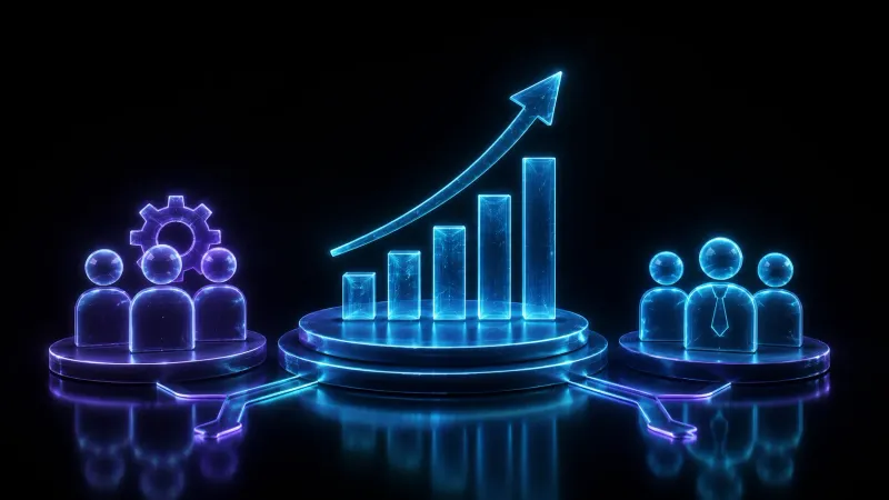 Digital illustration of two teams of figures on either side of a rising bar chart, representing a comparison between an in-house team and an external partner