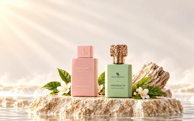 Pink and green Swiss Arabian perfume bottles on a rock in shallow water beside white flowers